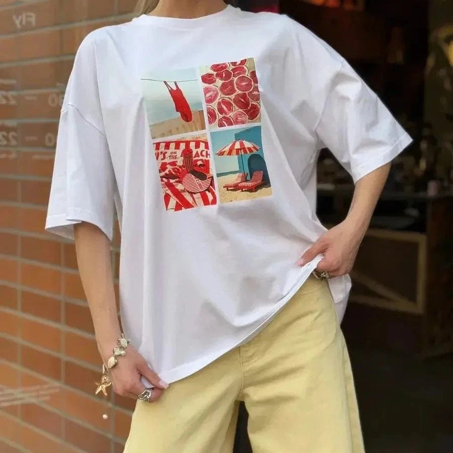 Retro Style Cotton Graphic Tops Cartoon INS Style Street Loose Summer Vacation