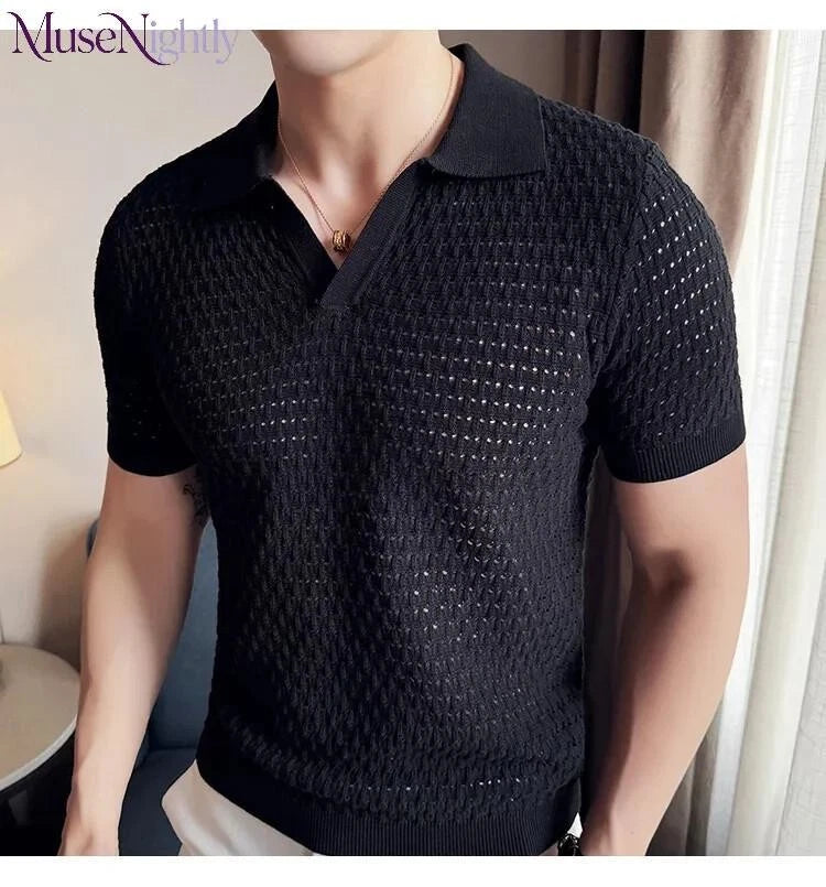 Men's Light and Thin Knitted Hollow Shirt Casual Short Sleeved V-neck T-shirt