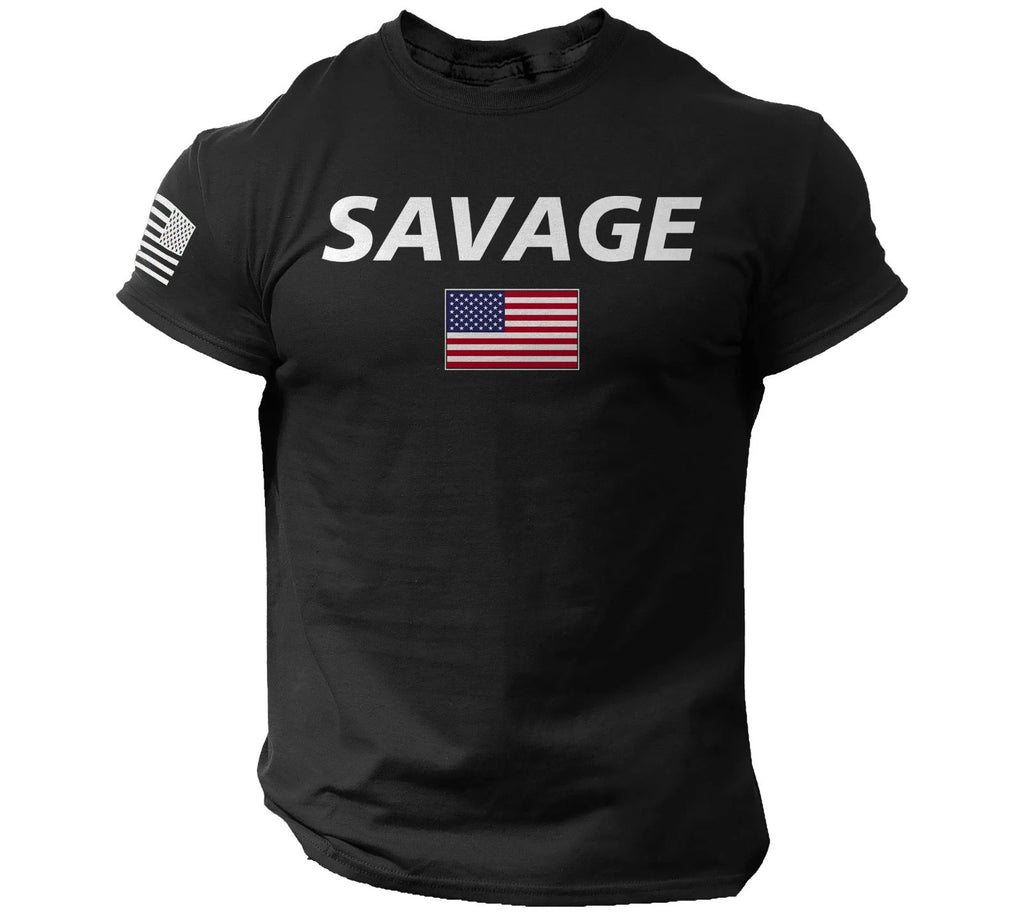 Savage American Flag T-Shirt – Black Patriotic USA Tee Military Veteran Pride