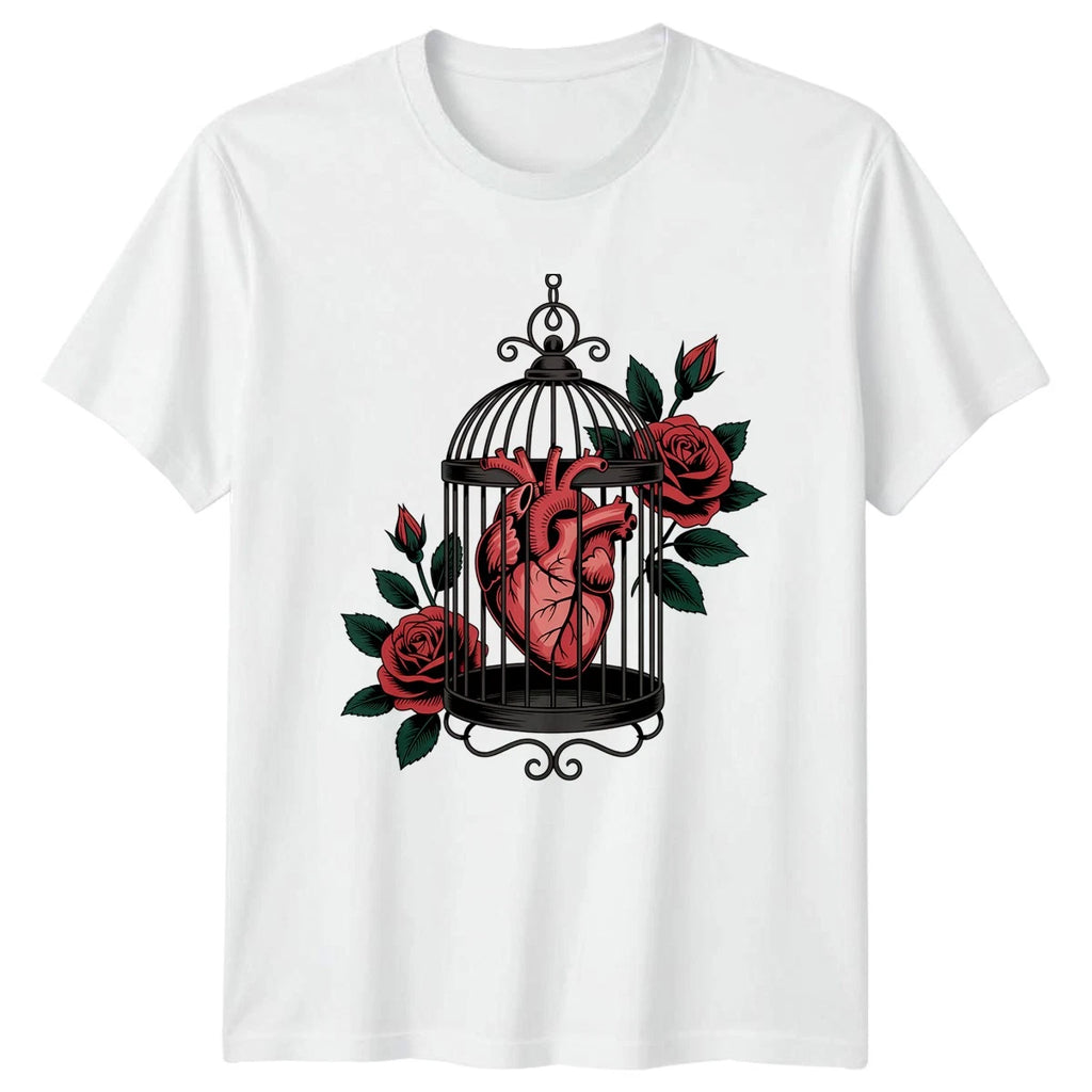 Heart In Cage Roses Gothic Mens T-Shirt Womens Tee Graphic Unisex Top