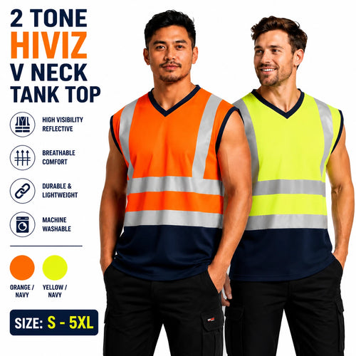 2 Tone Hi Viz Sleeveless T-Shirt V-Neck Sleeveless Safety Security Work Wear Top