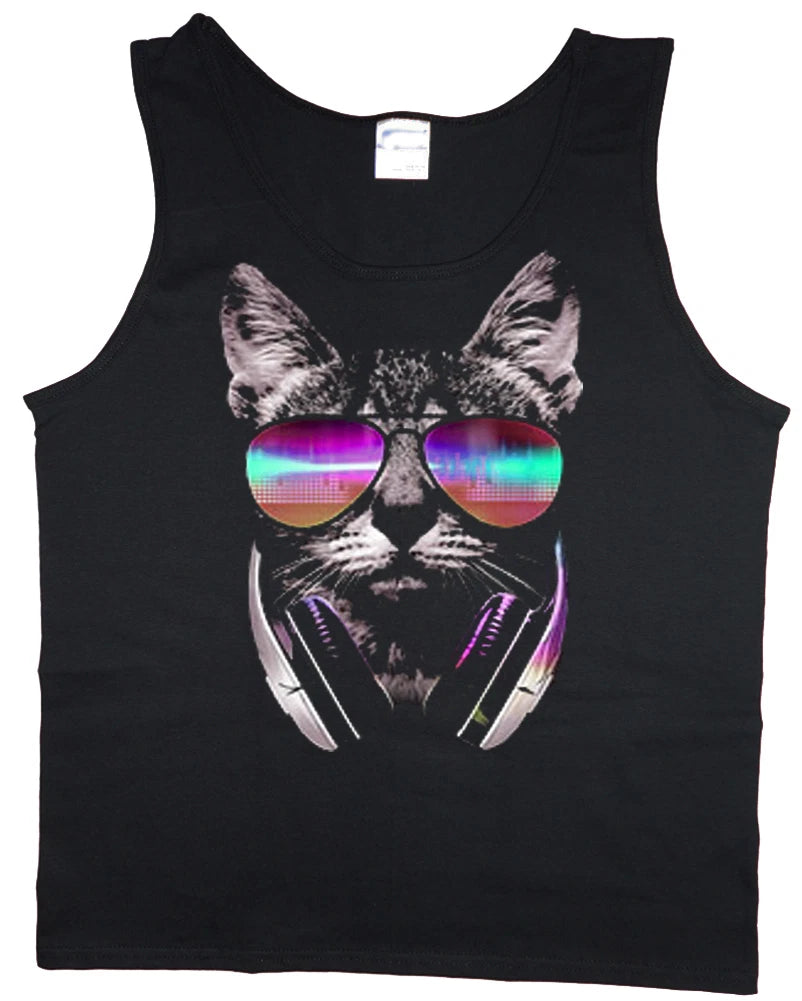 Men's tank top funny DJ cat shirt decal sleeveless tee muscle shirt