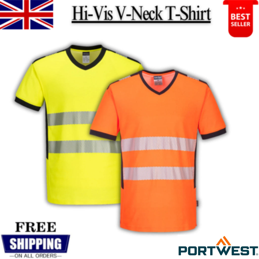 PORTWEST Hi-Vis T-Shirt V-Neck Reflective Moisture Wicking work Safety Top PW310