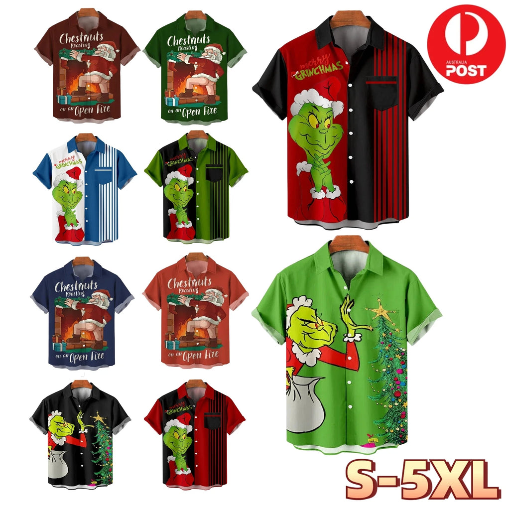 Mens Christmas Shirt Hawaiian Summer Beach Short sleeve Tops Santa Xmas Party AU