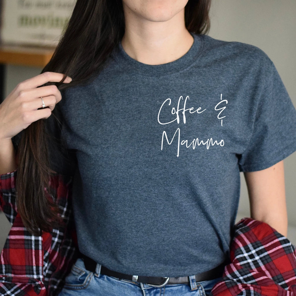 Coffee and mammo pocket Unisex T-shirt Mammo tech tee Black Navy Dark Heather