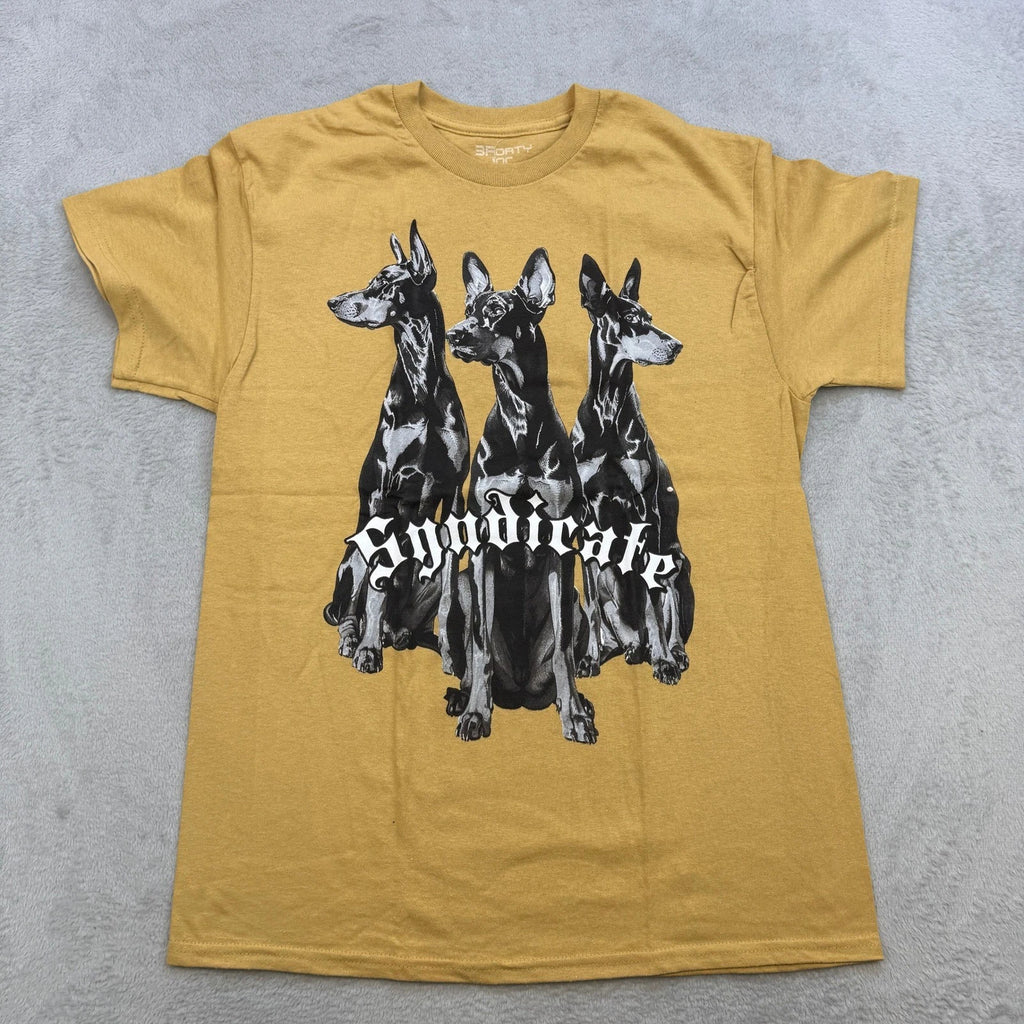 3Forty Inc Syndicate T Shirt Mens Medium Yellow Doberman Graphic Streetwear Tee