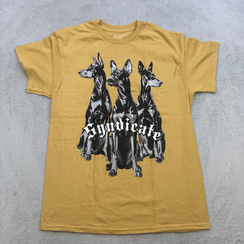 3Forty Inc Syndicate T Shirt Mens Medium Yellow Doberman Graphic Streetwear Tee