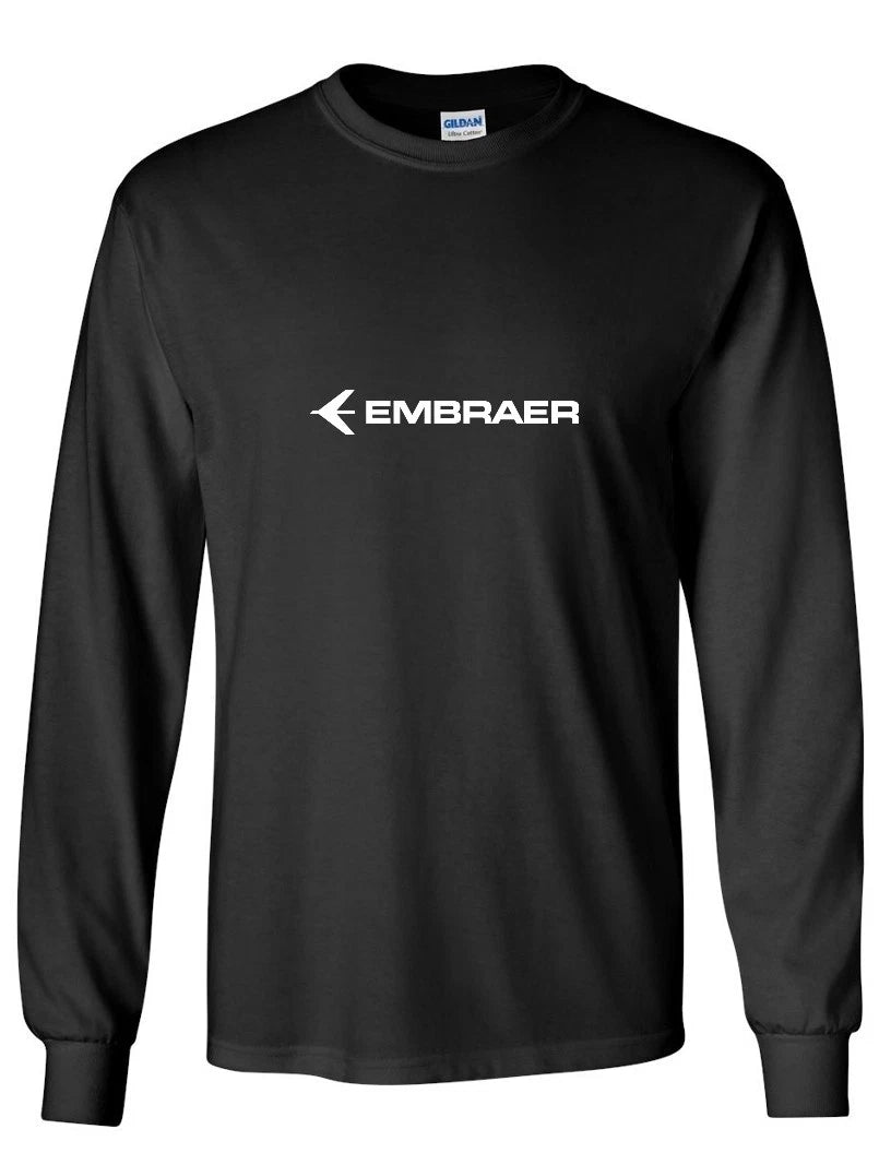 Embraer White Logo Brazilian Aerospace Geek Black Cotton Long Sleeve T-shirt
