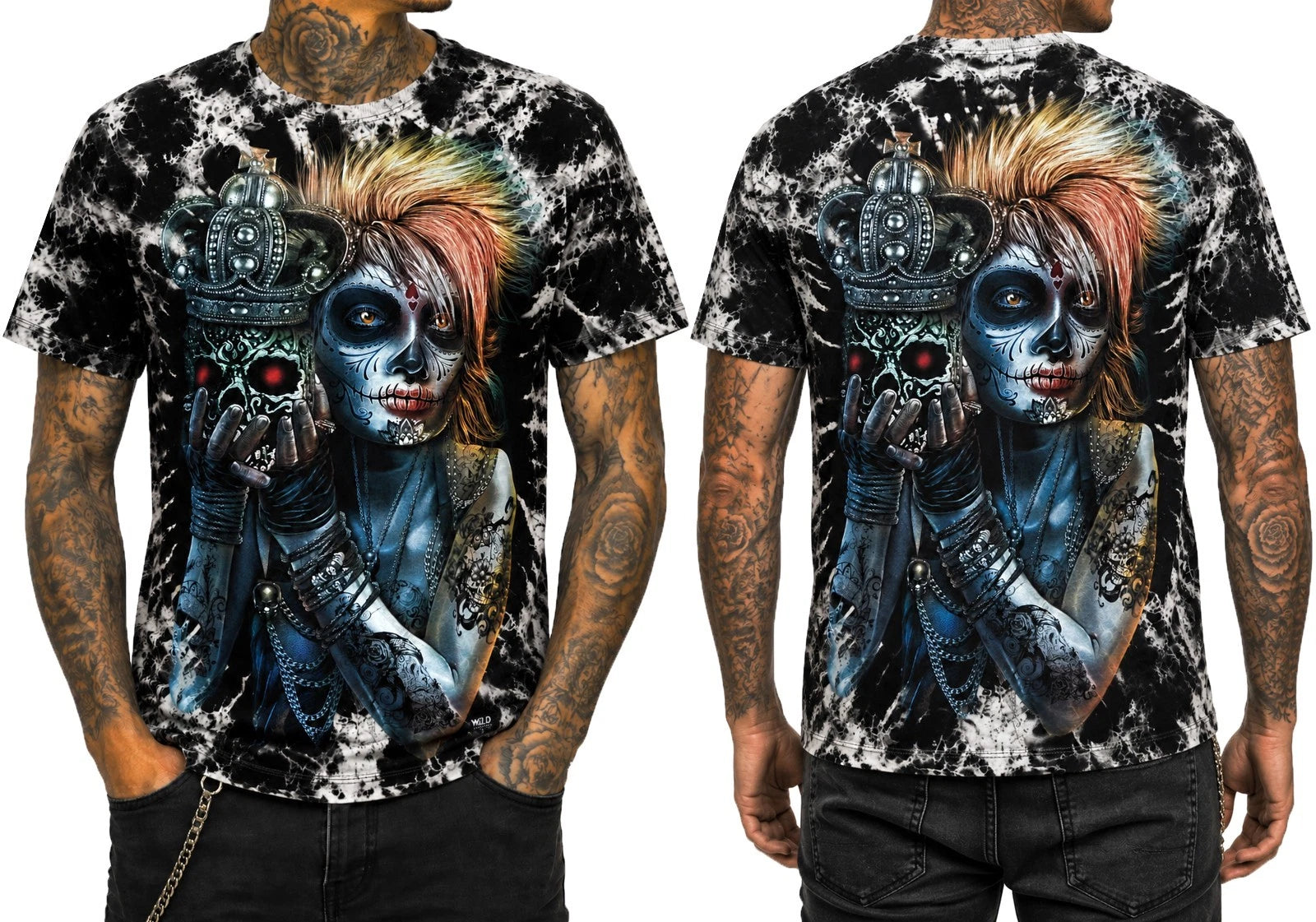 Tie Dye T-Shirt Woman with Day of the Dead La Catrina Tattoo Glow inDark by Wild