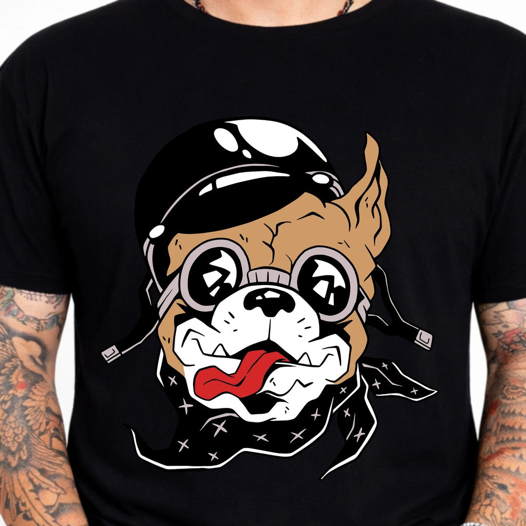 Biker Dog Helmet Goggles Bandana Funny Bulldog Rider Graphic Cool T-Shirt.