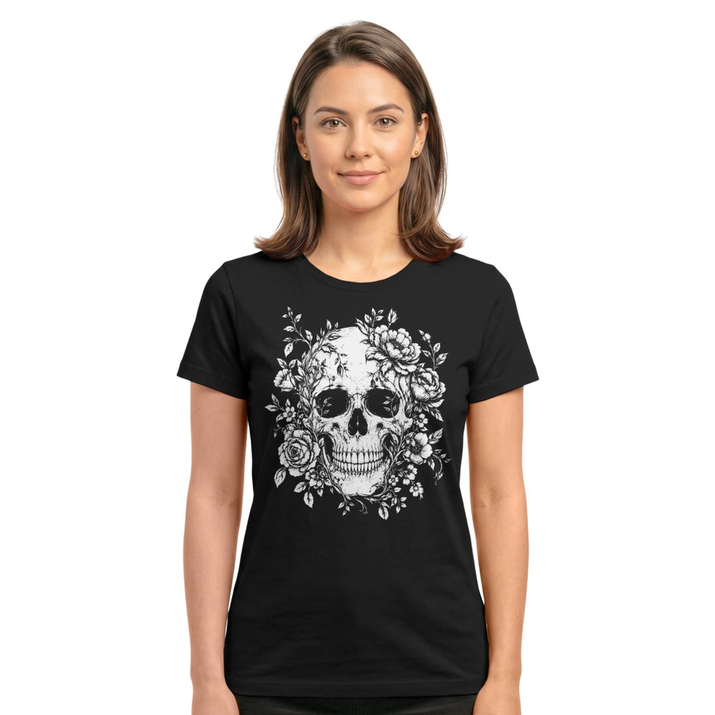 Floral Skull Women T-Shirt | Gothic Flower Skull Halloween Dark Aesthetic Tee