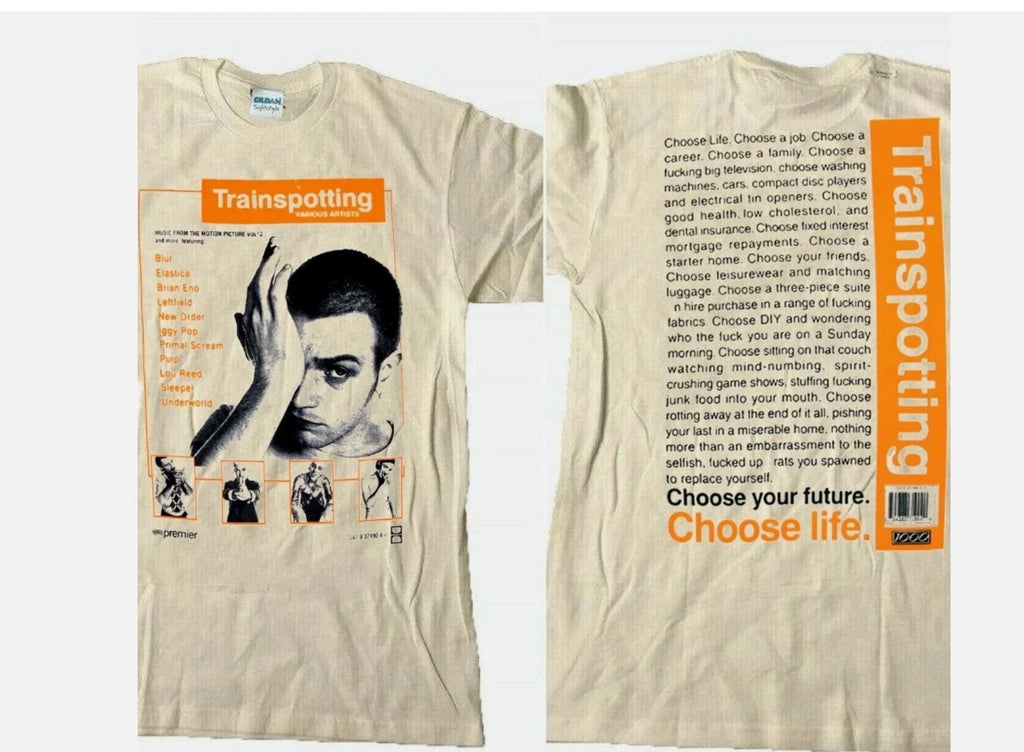 Vtg Trainspotting horror movie short sleeve sand color 2 side shirt