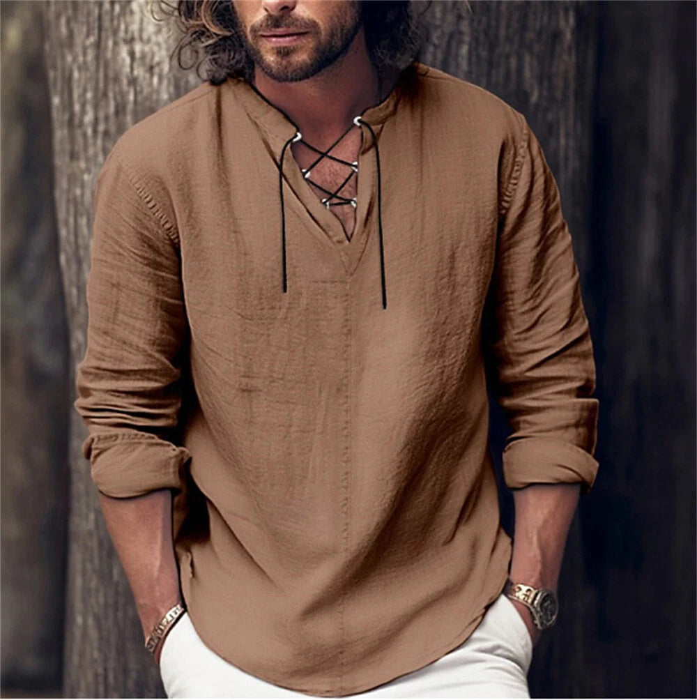 Men's Long Sleeve T-Shirt Classic Casual Baggy V-neck laceup Shirts