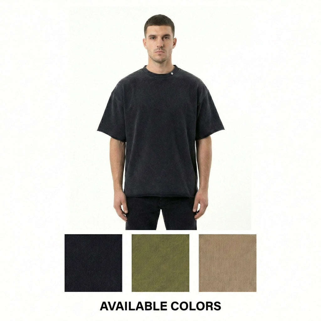 HIGH LEVEL Men's Oversized Washed French Terry Cotton T-shirt Heavyweight 360gsm