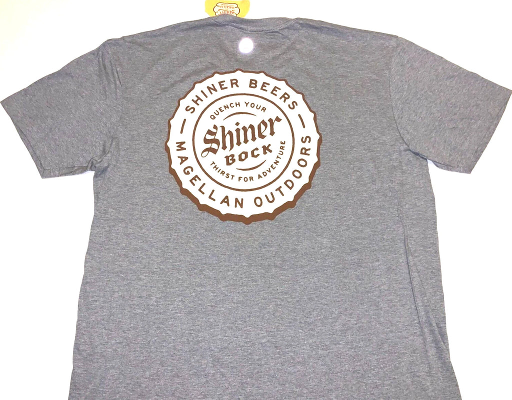Shiner Bock Beer Texas Brewery Bottle Cap Magellan Gray T-Shirt New! NWT LARGE