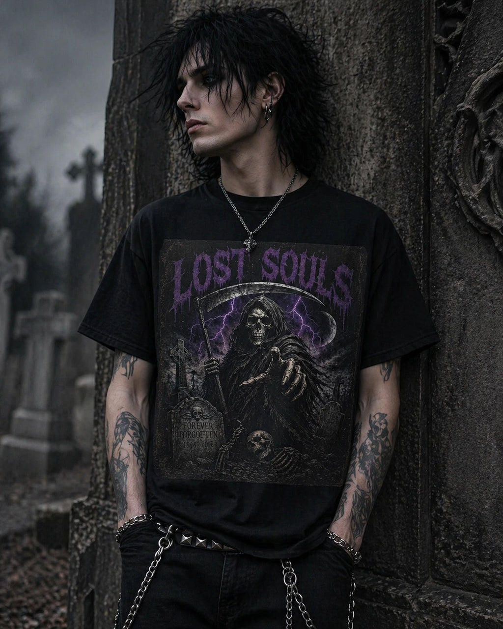 Lost Souls Grim Reaper Tee Gothic Horror Skull Graveyard Shirt Unisex