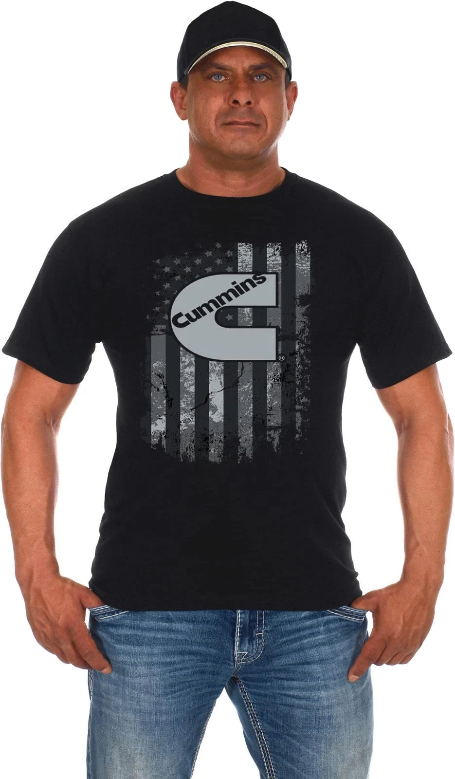 JH Design Men's Cummins Diesel American Flag Black Crew Neck Shirt