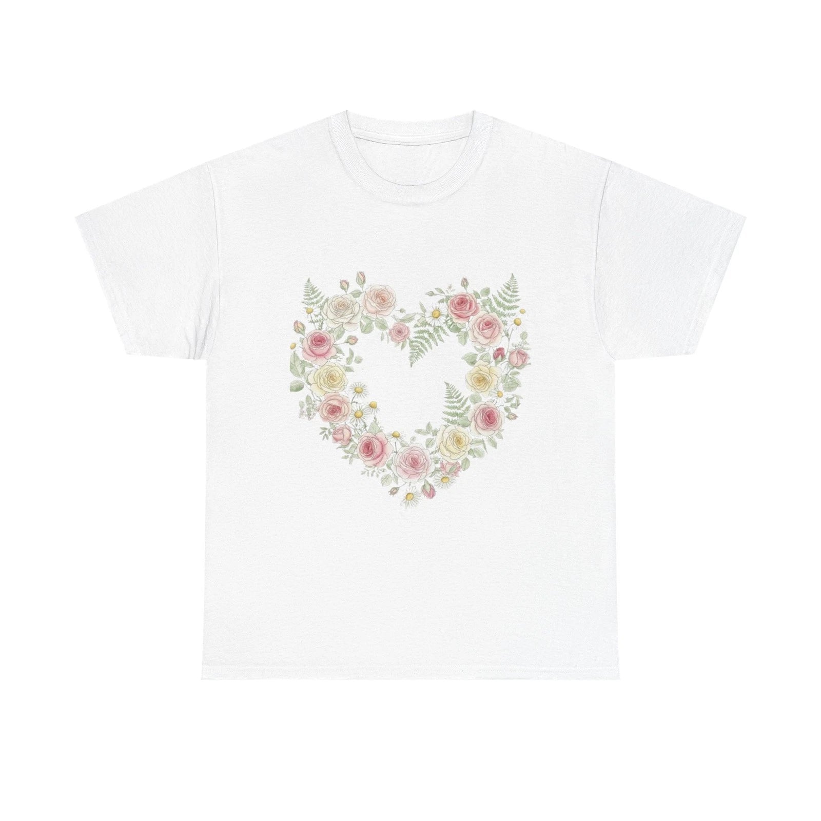 Cottagecore Floral Heart Wreath Shirt Design with Roses & Chamomile