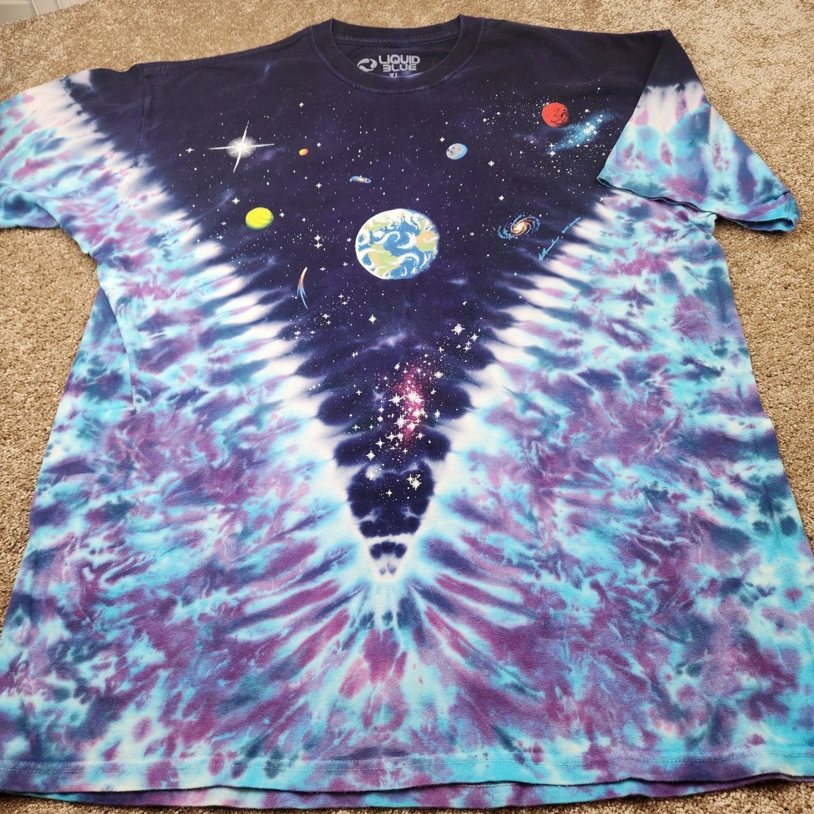 Liquid Blue Space Galaxy Tie Dye T-Shirt Mens XL Planets Stars 1992 Art Purple