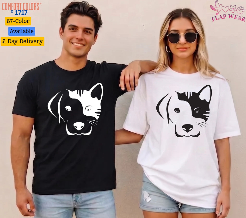 Dog and Cat Split Face T-Shirt - Minimalist Pet Lover Graphic Tee - Cute Dog Cat