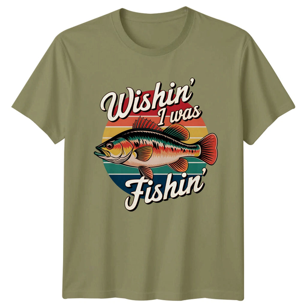 Wishin I Was Fishin Mens T-Shirt Fishing Hobbies Graphic Tee