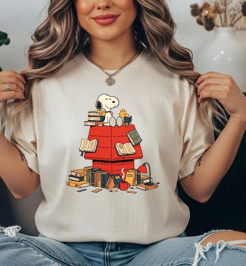 Reading Dog T-shirt, Book Lover Puppy Art Tee, Trendy Vintage Cartoon