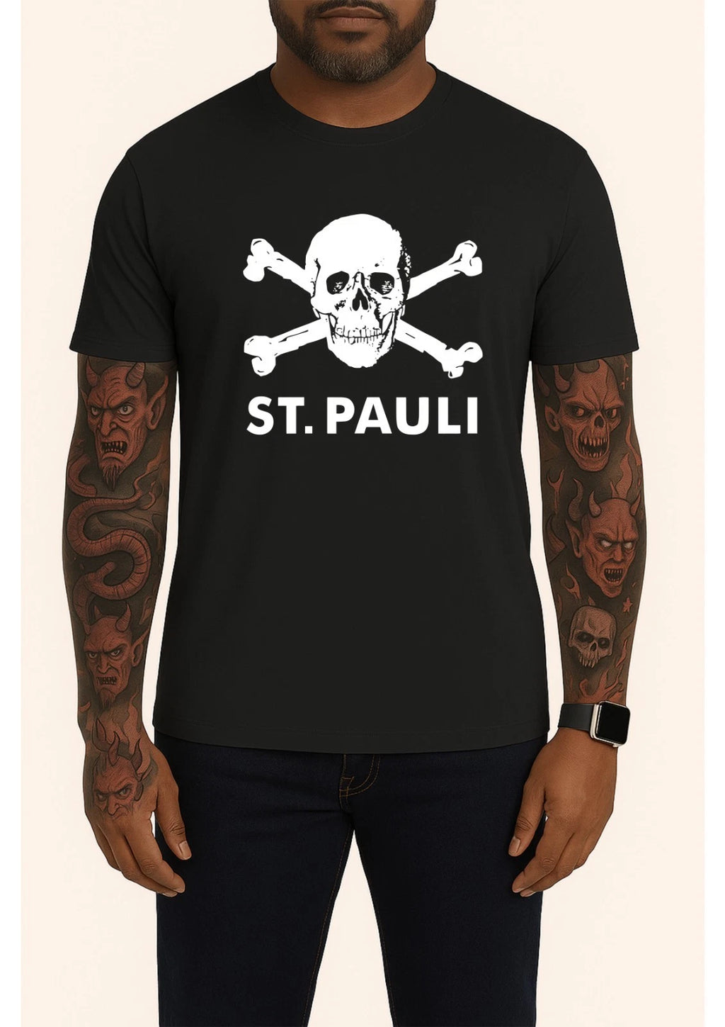 St. Pauli Skull & Crossbones T-Shirt Black Graphic Tee Punk Streetwear Football