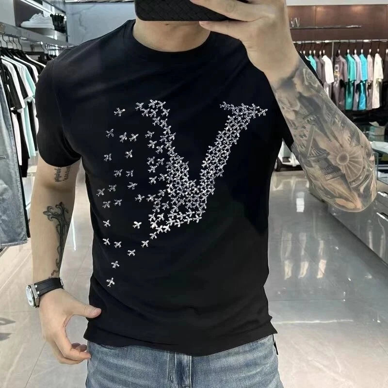 New Men Luxury Diamond Fashion Rhinestones Fashion T-Shirt High Quality 4 Colors