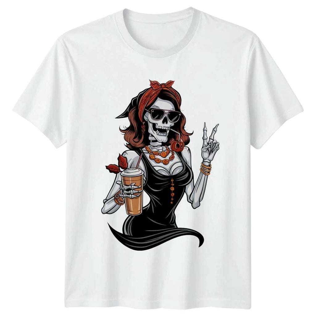 Fall Skeleton Girl Coffee Drinker Womens T-Shirt Pumpkin Spice Halloween Gift