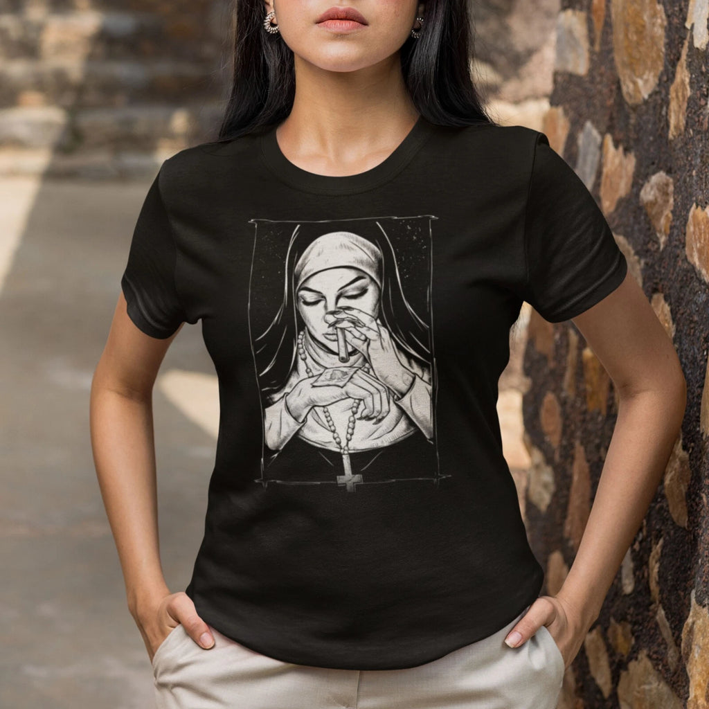 Unholy Gangsta Nun T-Shirt Printed Dark Style Design Bad Nun Smoking Gift Top