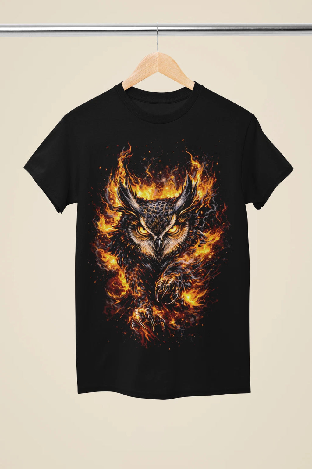 Fire Owl T-Shirt Unisex Demon Horned Owl Flame Black Graphic Tee