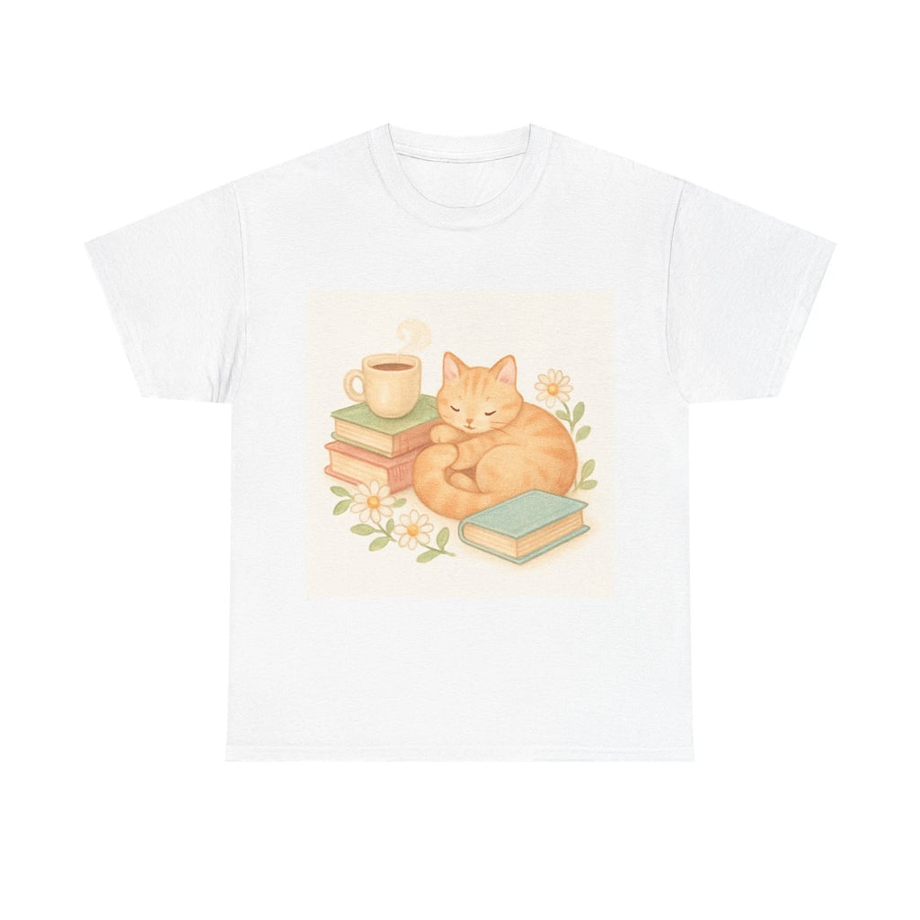 Cozy Scene Of A Cat Curled Up With Books And Coffee Shirt, Cozy Aesthetic Tee...