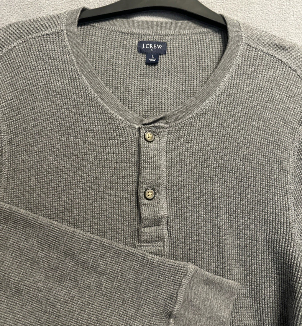J. Crew Waffle Knit Thermal Henley Shirt Long Sleeve Mens L Gray Casual Preppy