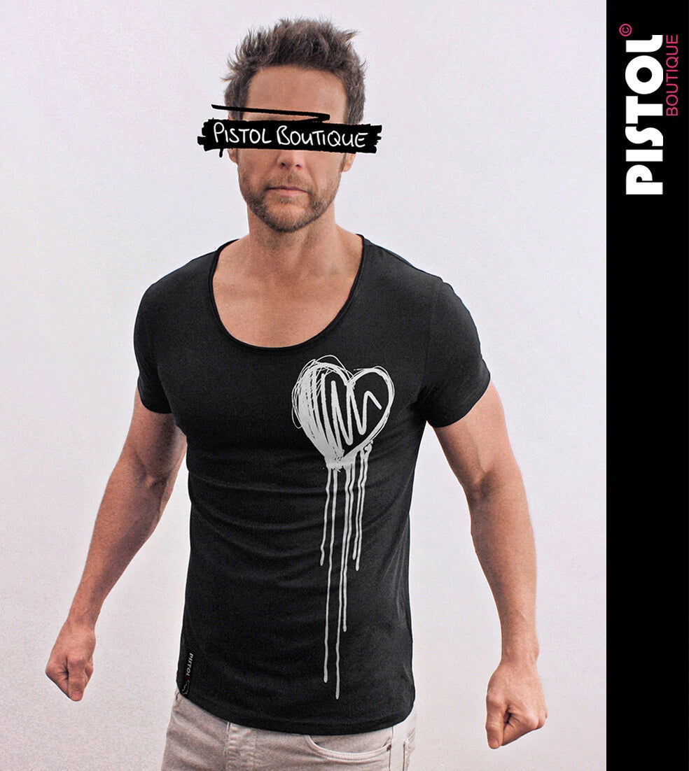 Pistol Boutique Mens T-Shirt Fitted Black Crew Neck Dribble Sketch Heart