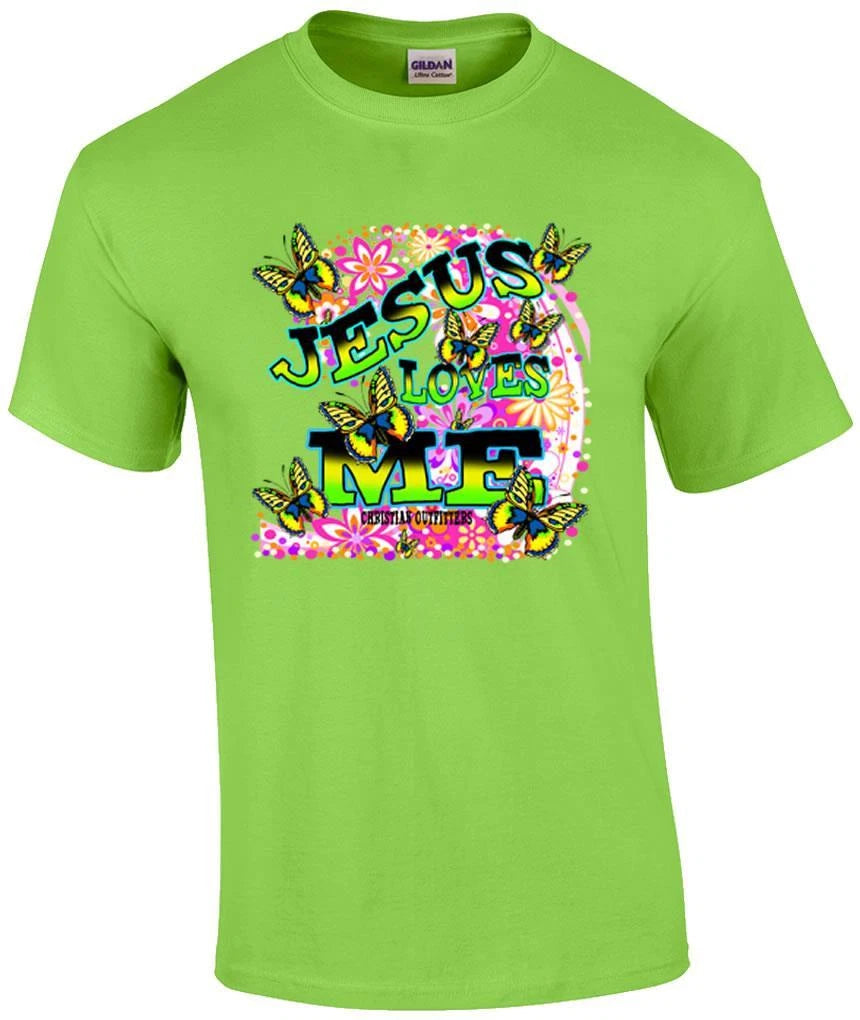 Christian Neon Jesus Loves Me Butterfly Inspirational T-Shirt