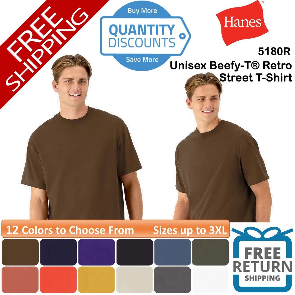 🔥 Hanes Beefy-T Short Sleeve Cotton Retro Street T-Shirt Up To 3XL 5180R