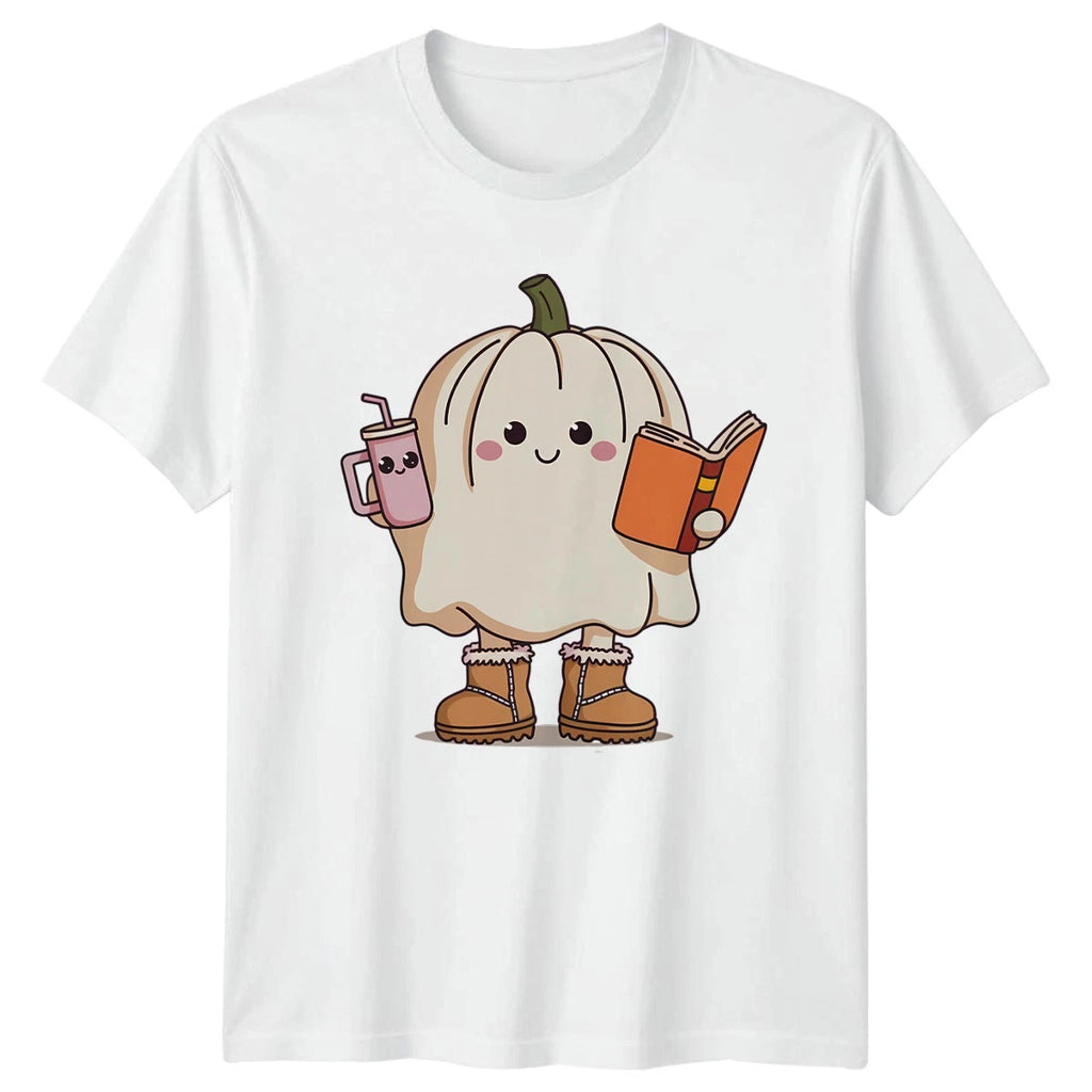 Cute Pumpkin Ghost Reading T-Shirt Halloween
