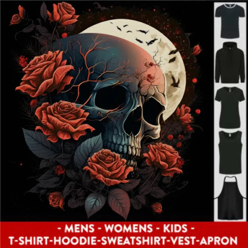 A Dark Fantasy Skull With Roses and Moon Mens Womens Kids Unisex