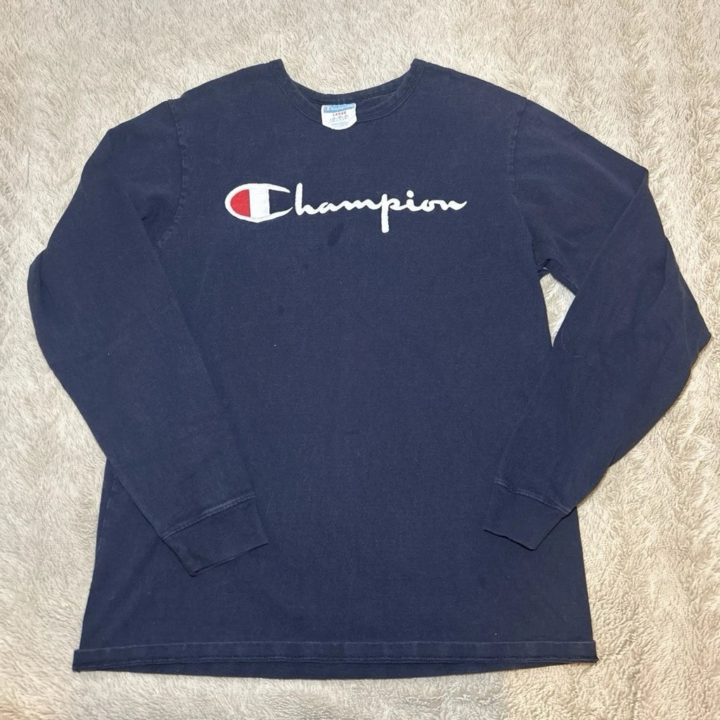 Champion Navy Blue Long Sleeve T-Shirt Size Large Men’s Script Logo