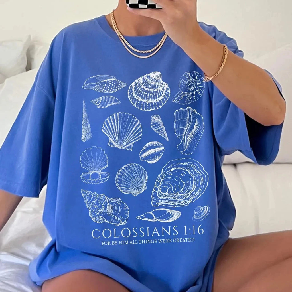 Seashell Bible Verse Shirt, Ocean Life Coastal Aesthetic, Women Faith