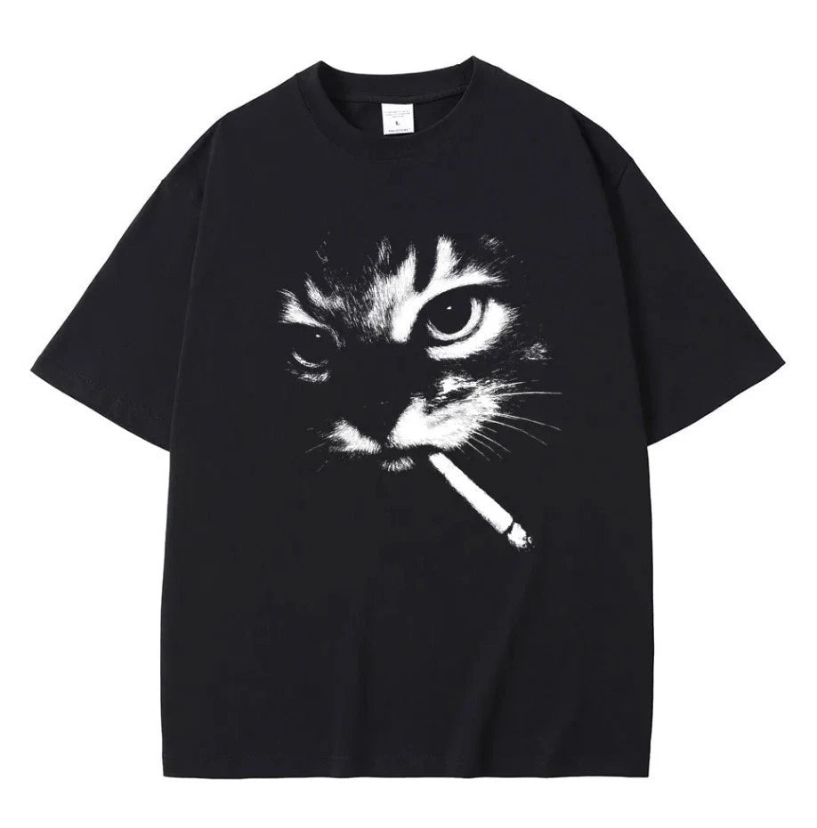 Funny Meme Smoking Cat Face Graphic T-shirt Men Women