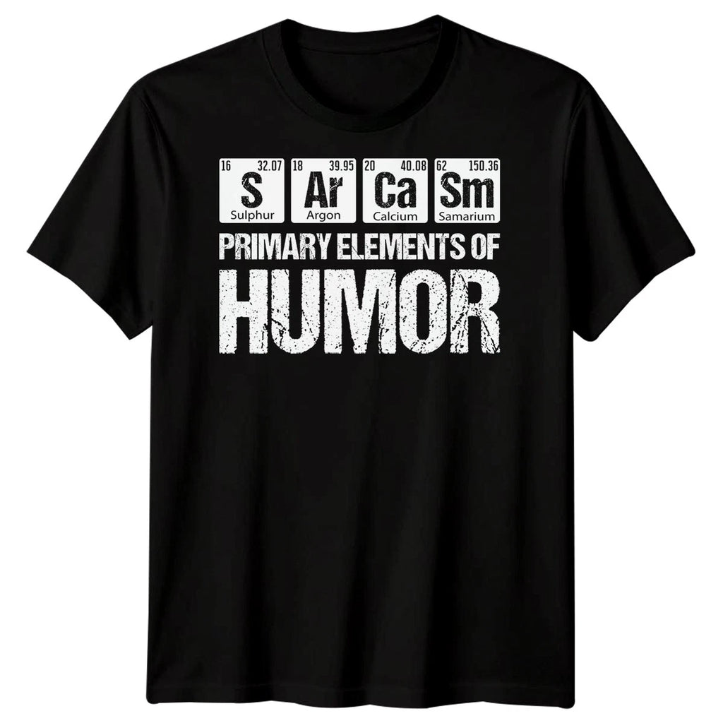 Science Chemistry Humor Periodic Table Mens T-Shirt Primary Elements Of Humor