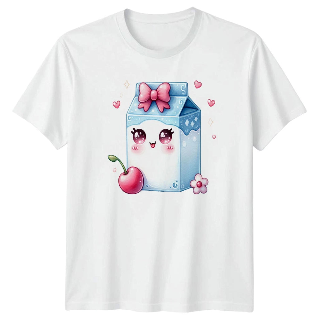 Cute Kawaii Milk Carton Cherry T-Shirt Milk Food Birthday Gift For Him And Her
