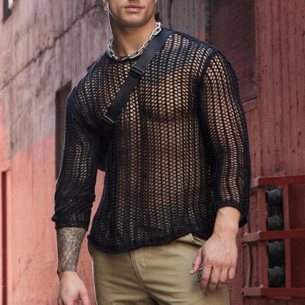 Men Hollow See Through Top Stylish Long Sleeve For Casual Wear Trending GEV