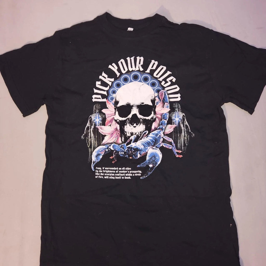 Black and multi-coloured streetwear-inspired t-shirt with a skull graphic