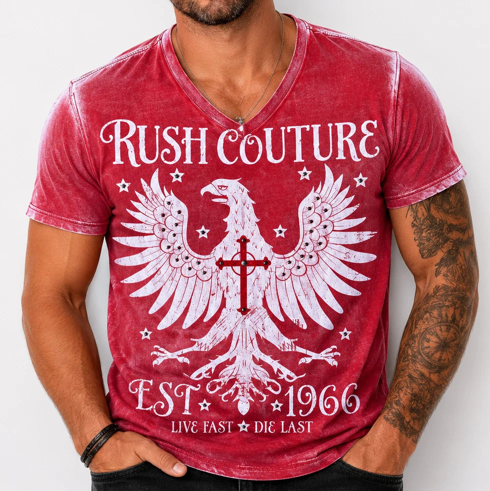 Rush Couture Men's V-neck Tee Shirt Red White Studded Size Large Graphic Y2K