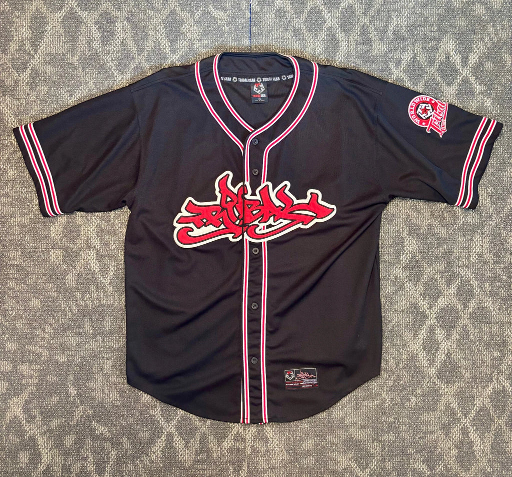 Vintage Tribal Gear Black Jersey 90s Y2K Street Wear Graffiti USA Red Logo