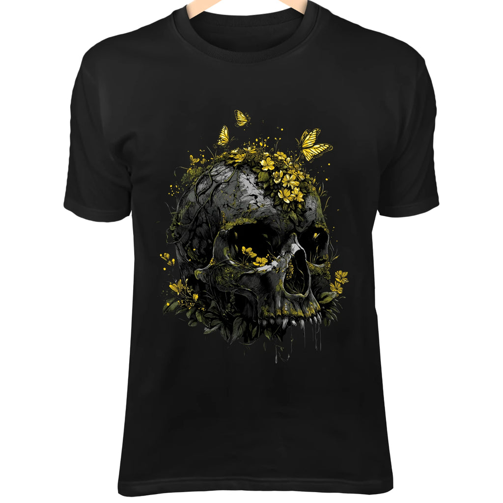 Mystical Skull Nature Art - Moss, Vines, Wildflowers & Glowing Butterflies