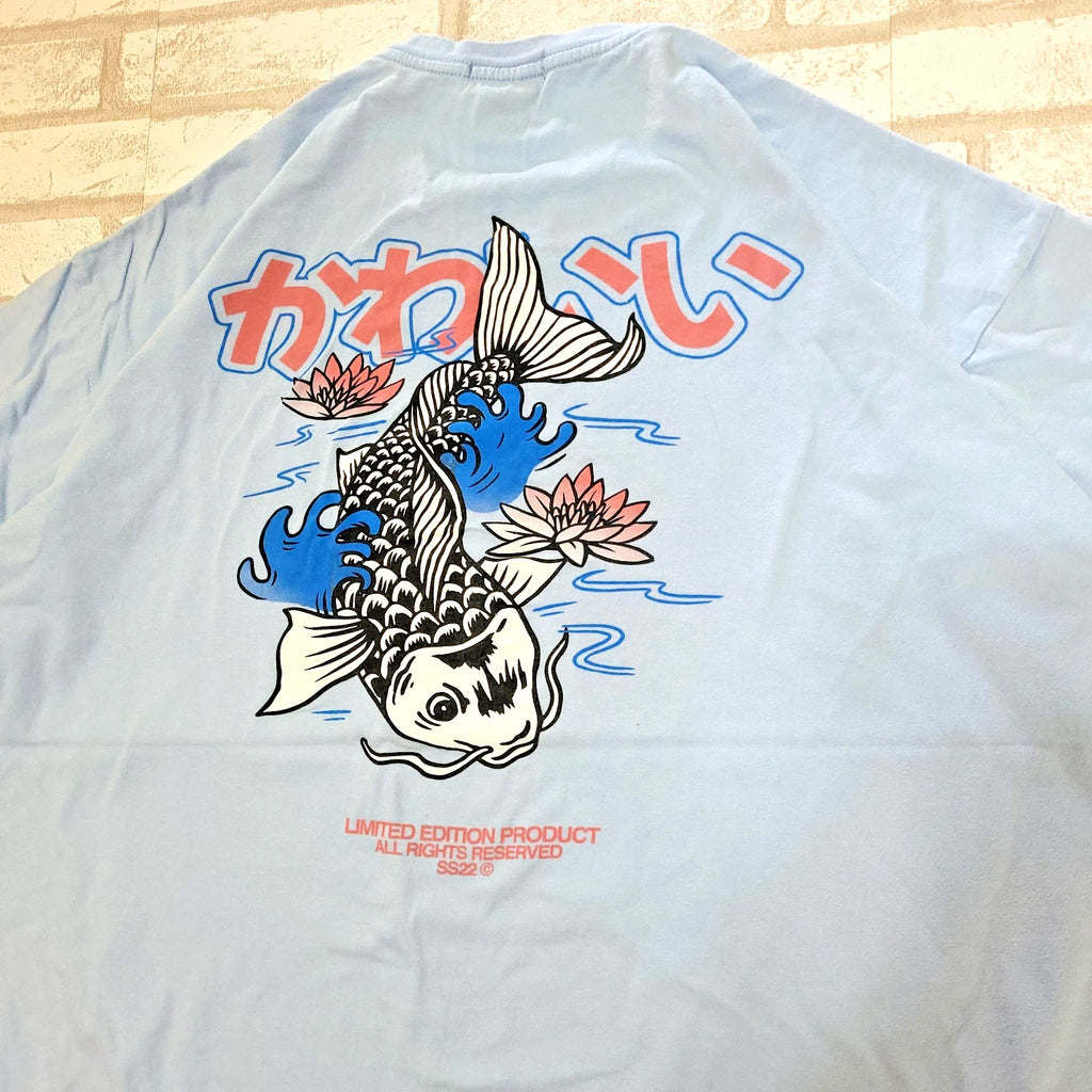 Koi Lotus Japanese Style Graphic Oversized Baby Blue Boohoo MAN T-Shirt Mens L