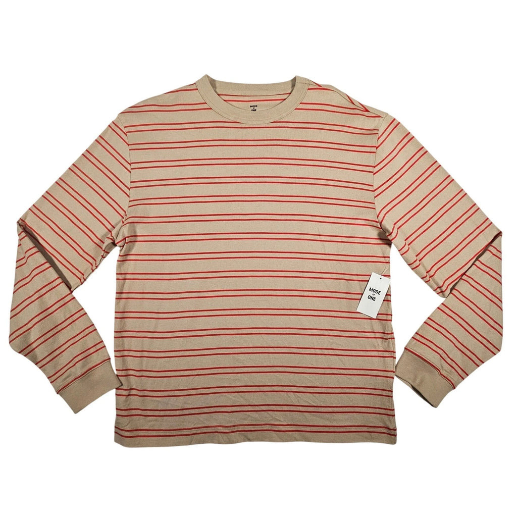 MODE OF ONE Mens Tan Red Stripe Long Sleeve Crew Neck T Shirt Cotton Size Medium